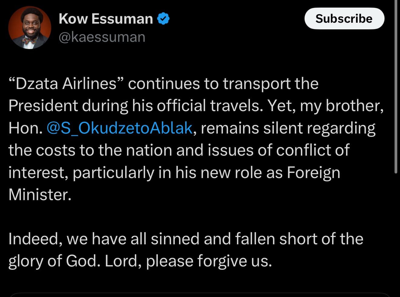 Your silence on Mahama’s use of Dzata Airlines is loud – Kow Essuman to Ablakwa