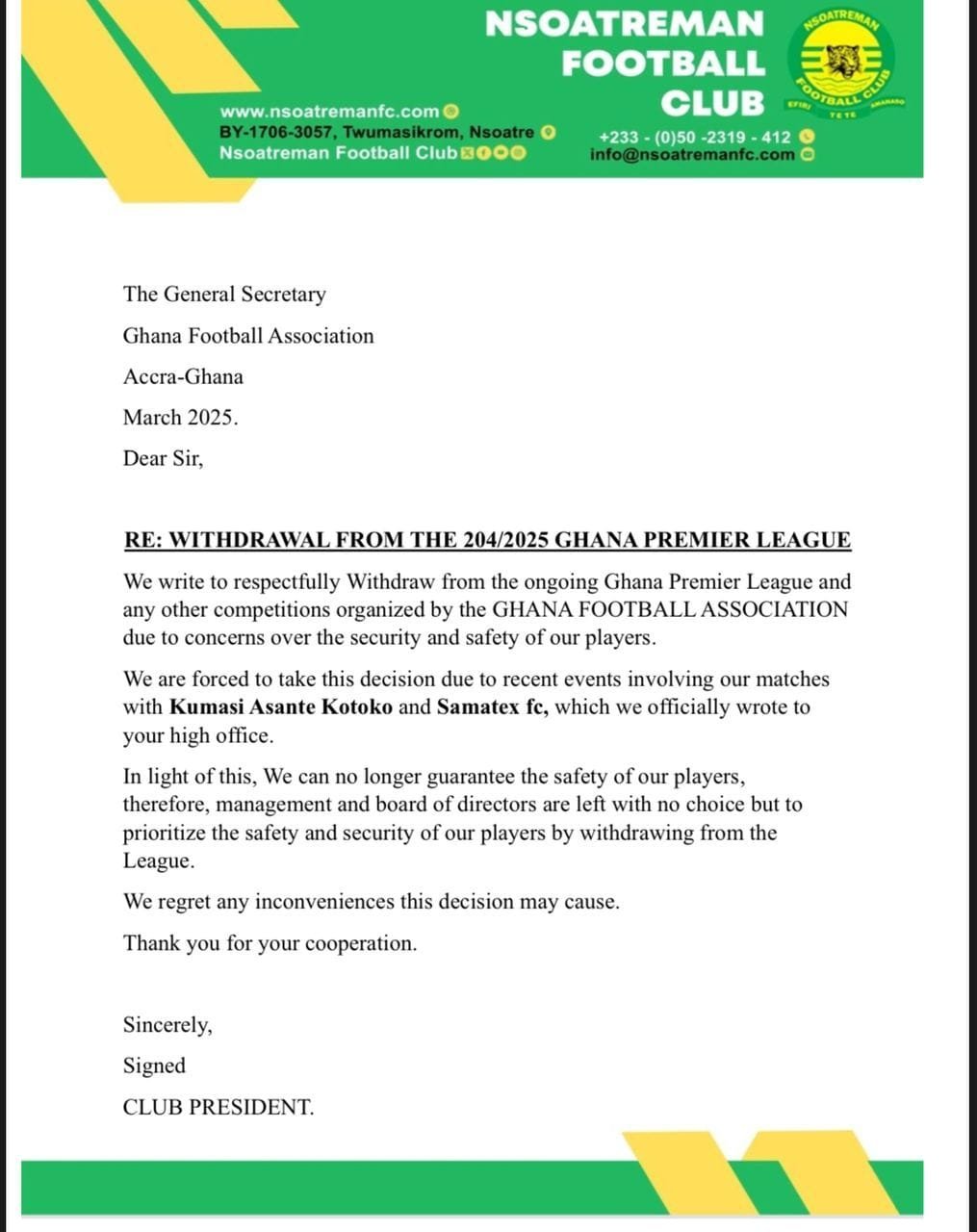 Nsoatreman FC withdraw from 2024/25 Ghana Premier League over security concerns