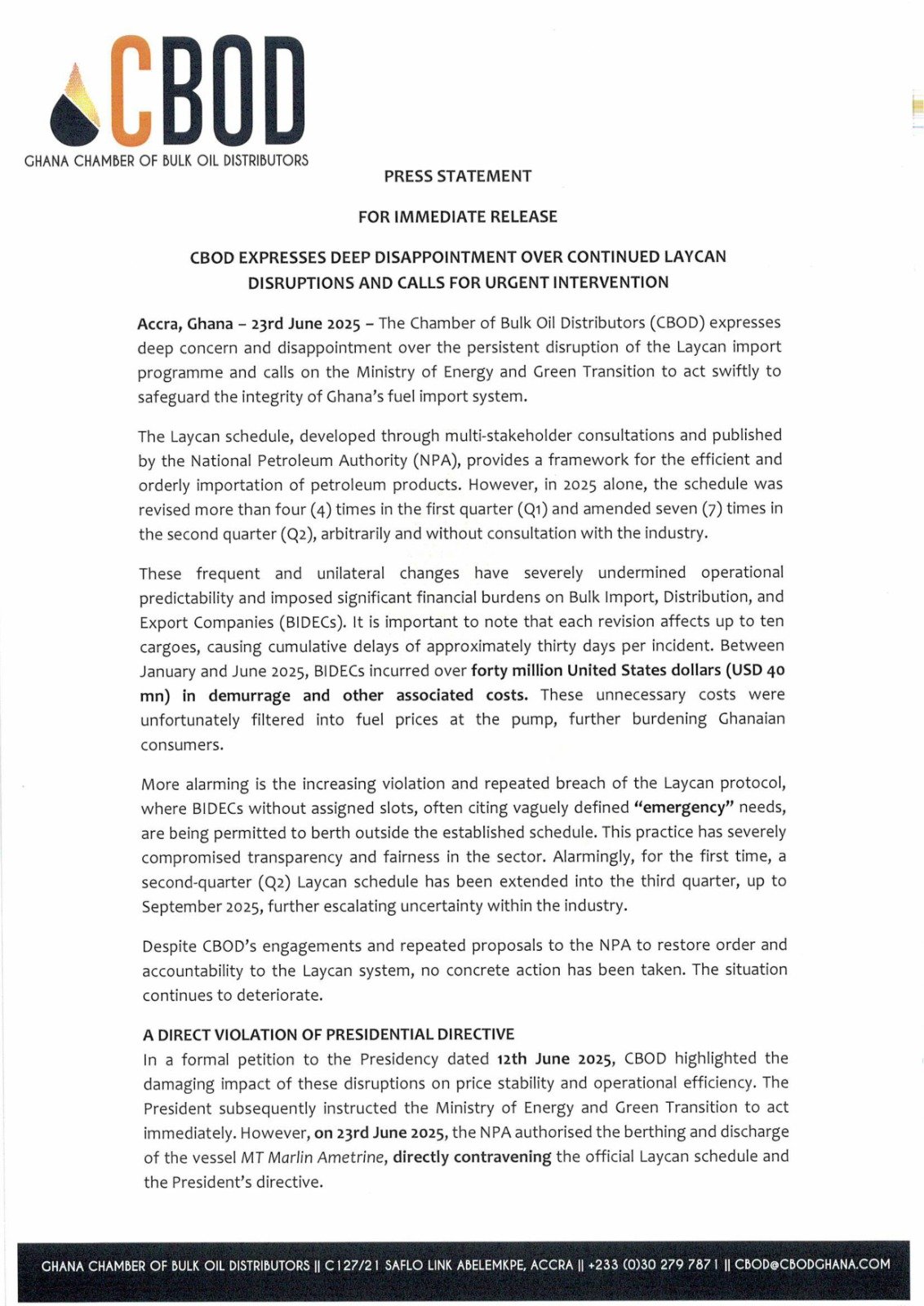 CBOD accuses NPA of flouting President’s directive on petroleum vessel berthing