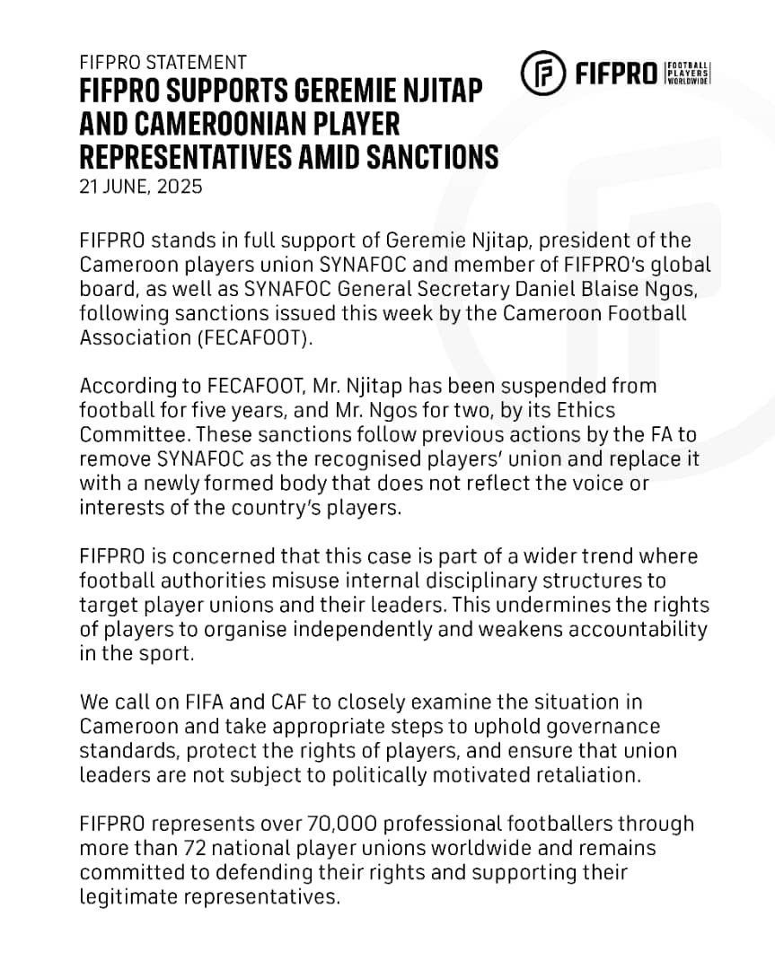 FIFPRO condemns Geremi Njitap ban, urges FIFA and CAF to act