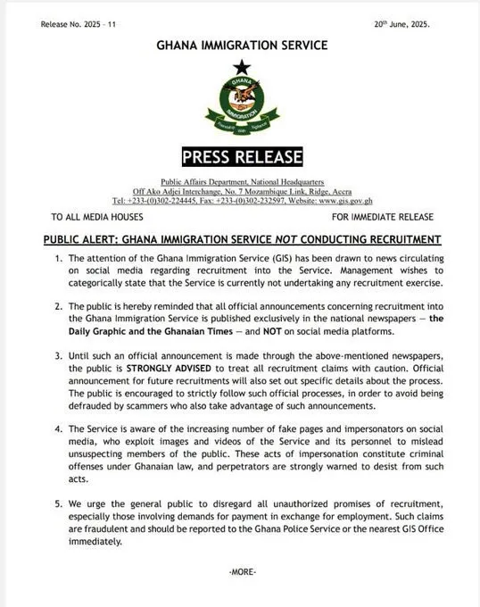Ghana Immigration Service issues warning on fraudulent recruitment schemes