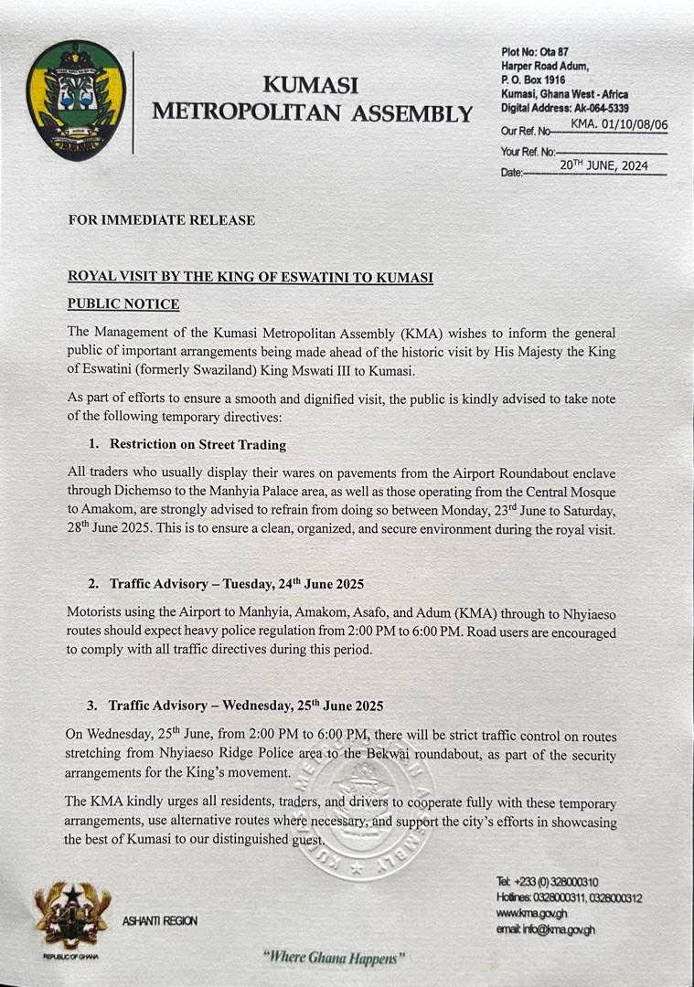 KMA restricts street trading, enhances traffic regulations as Kumasi welcomes Eswatini King