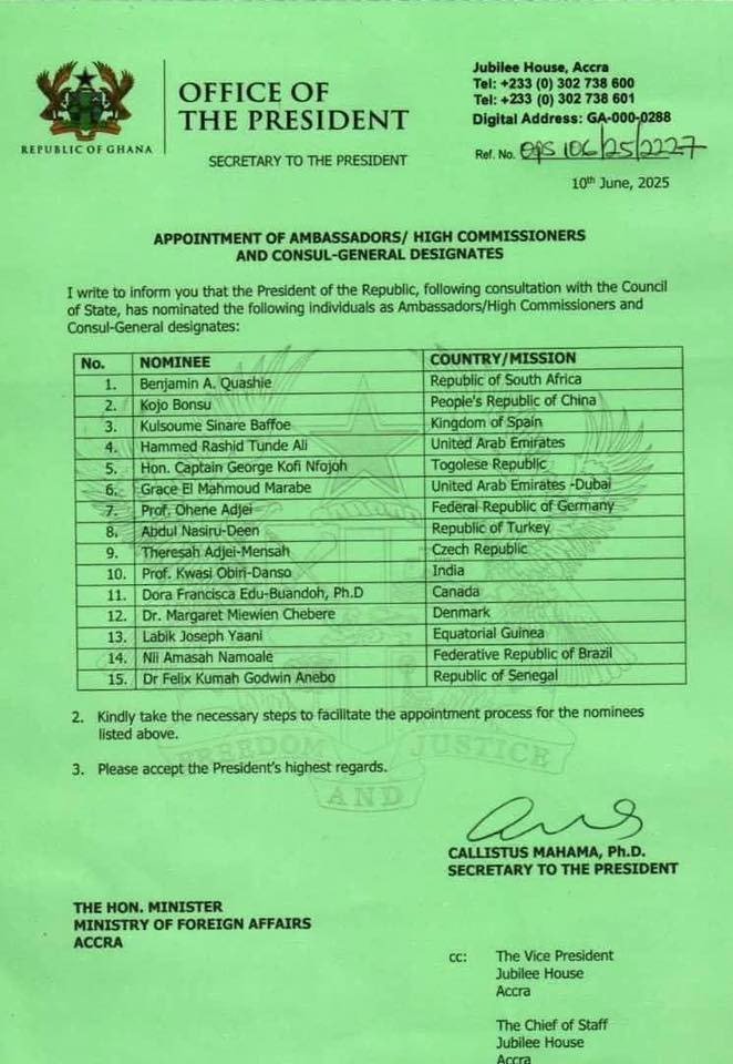 Mahama appoints 15 new Ambassadors and High Commissioners