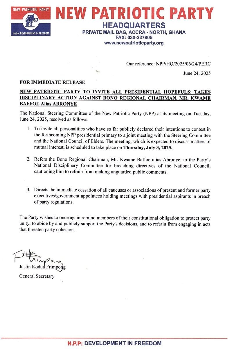 NPP invites presidential hopefuls, directs cessation of meetings with party executives