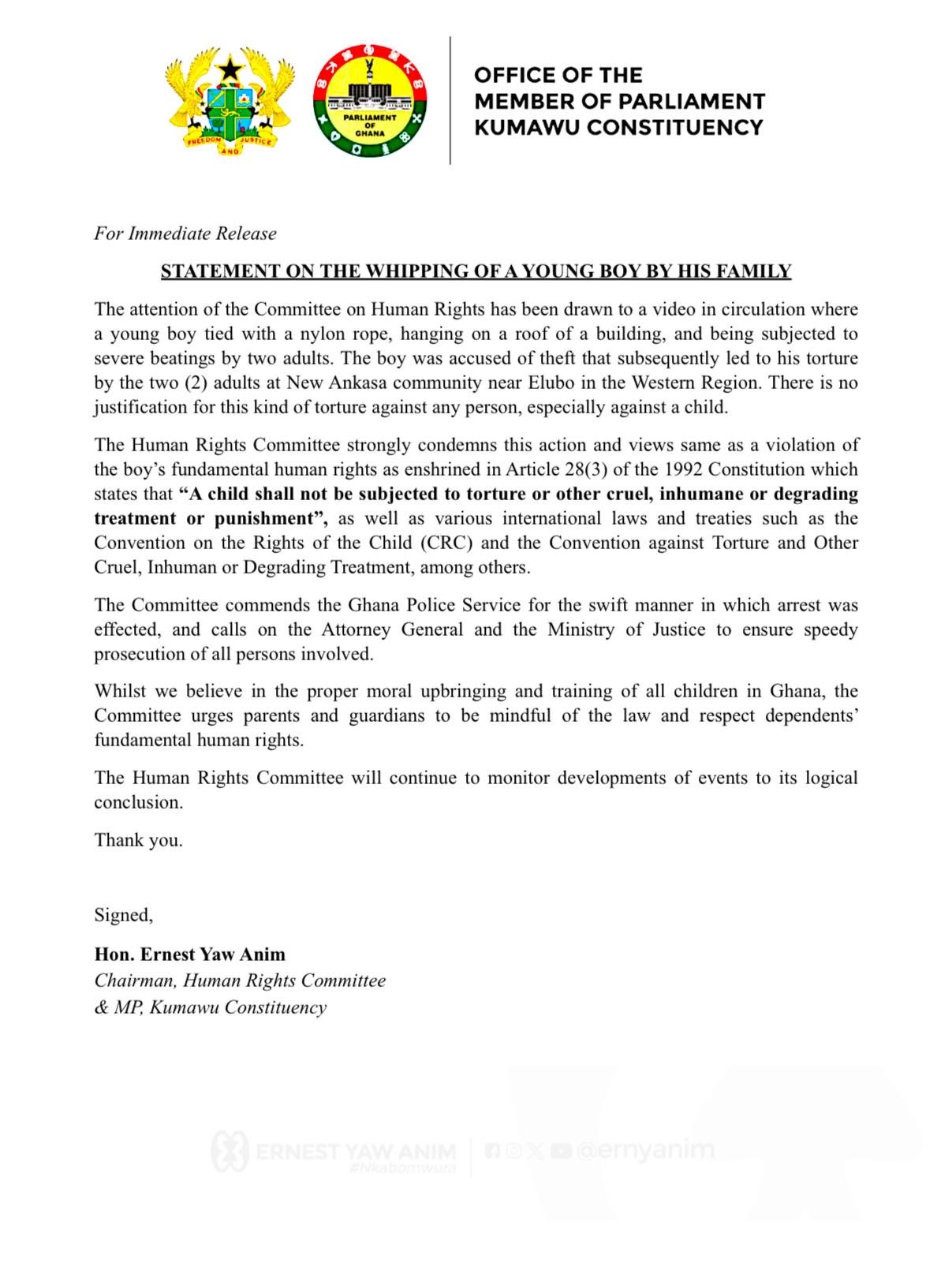 Human Rights committee condemns torture of young boy in Western Region