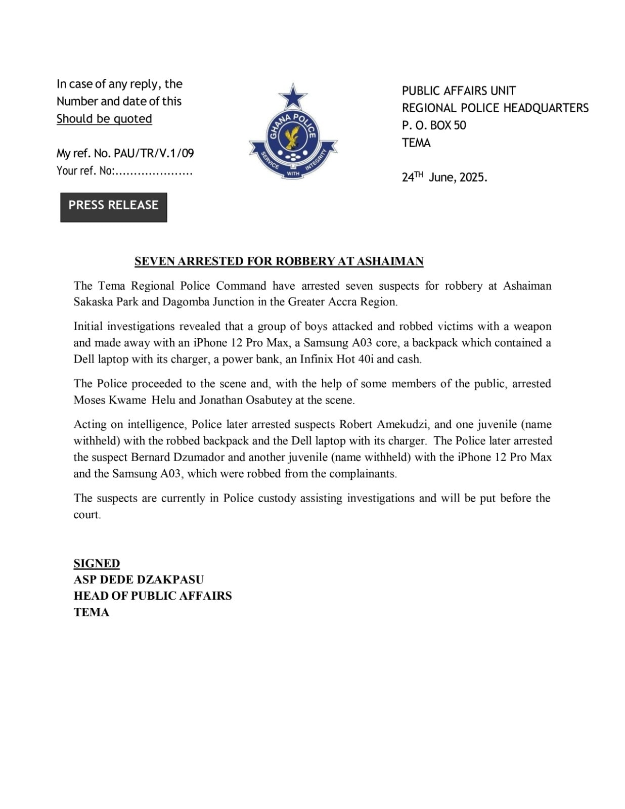 Seven arrested over robberies at Ashaiman Sakasaka Park and Dagomba Junction