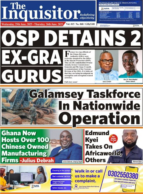 Today’s Front pages :Wednesday, June 25, 2025