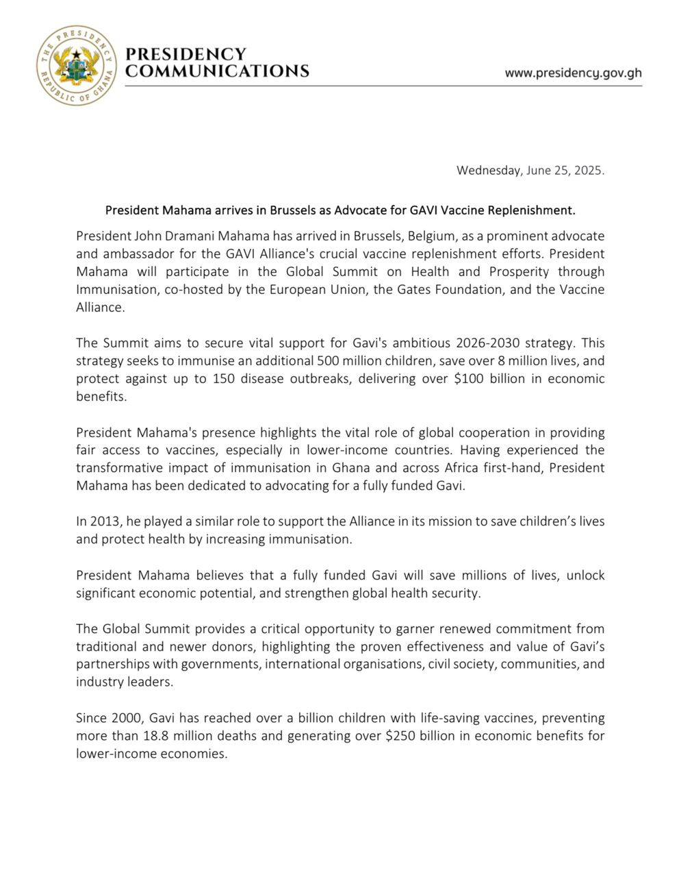 Mahama in Brussels to champion global vaccine access at Gavi Summit